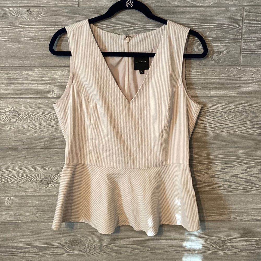 Alex Marie medium peplum top tan‎ pinstripe excellent condition
